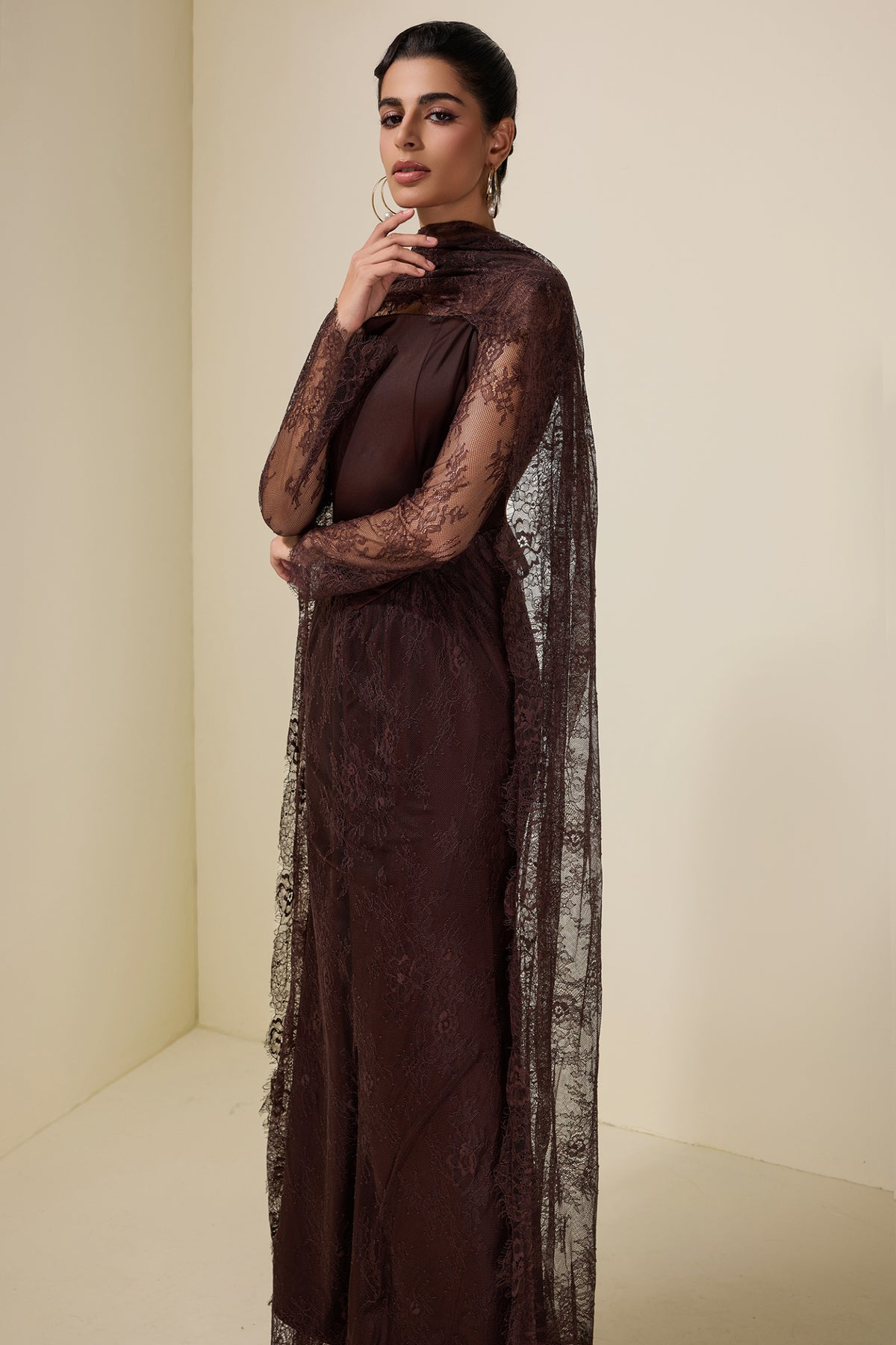 Brown Crochet Lace Shawl Long Dress