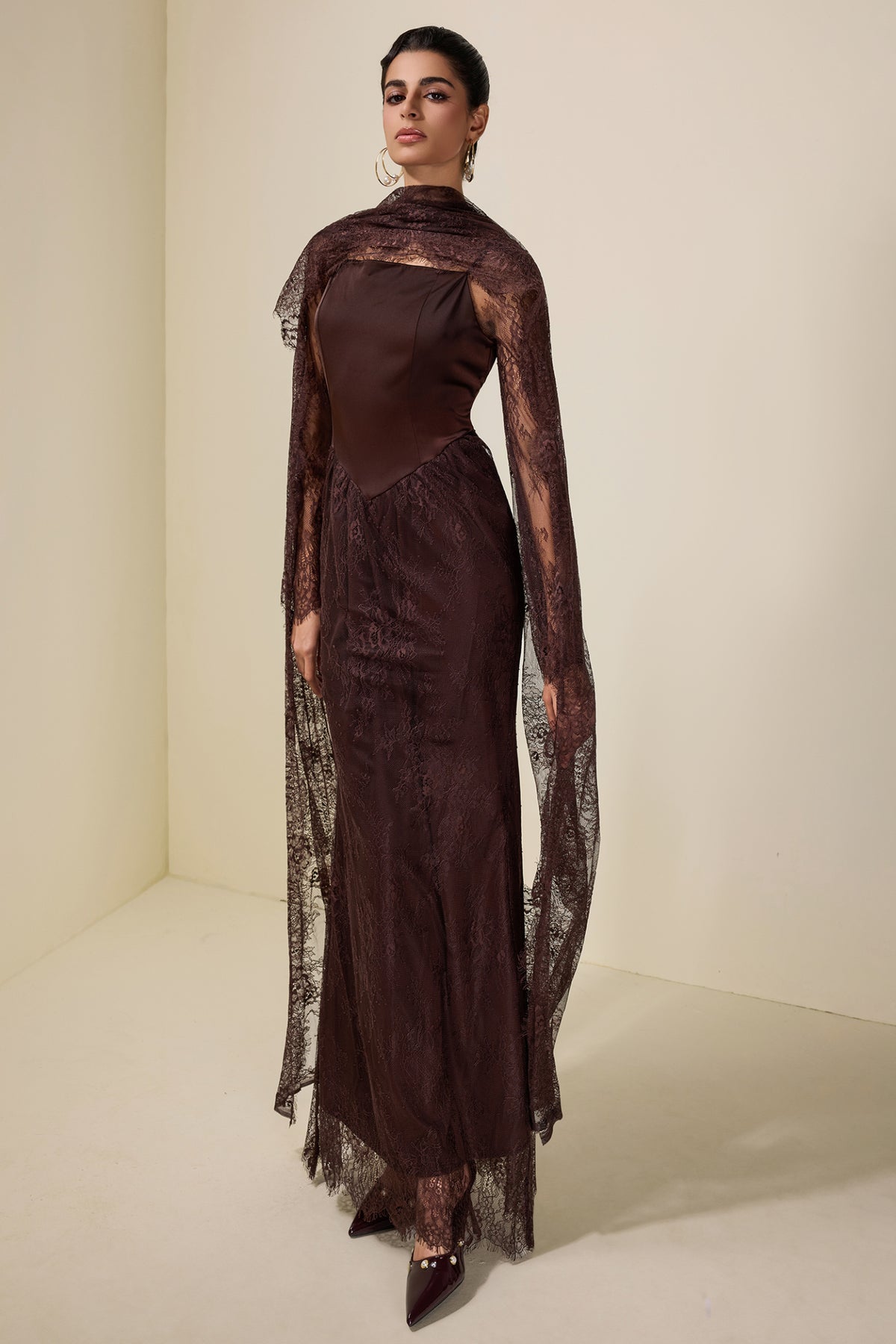 Brown Crochet Lace Shawl Long Dress