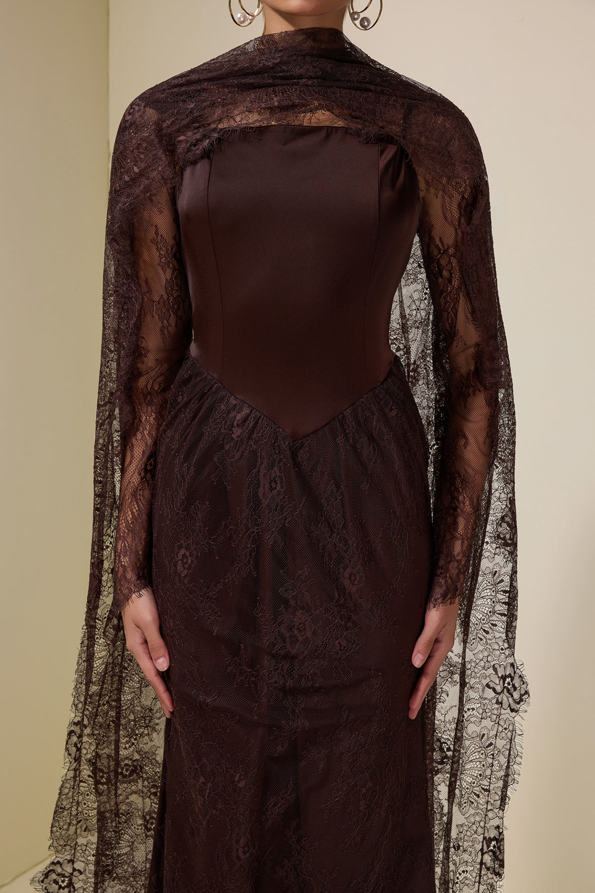 Brown Crochet Lace Shawl Long Dress