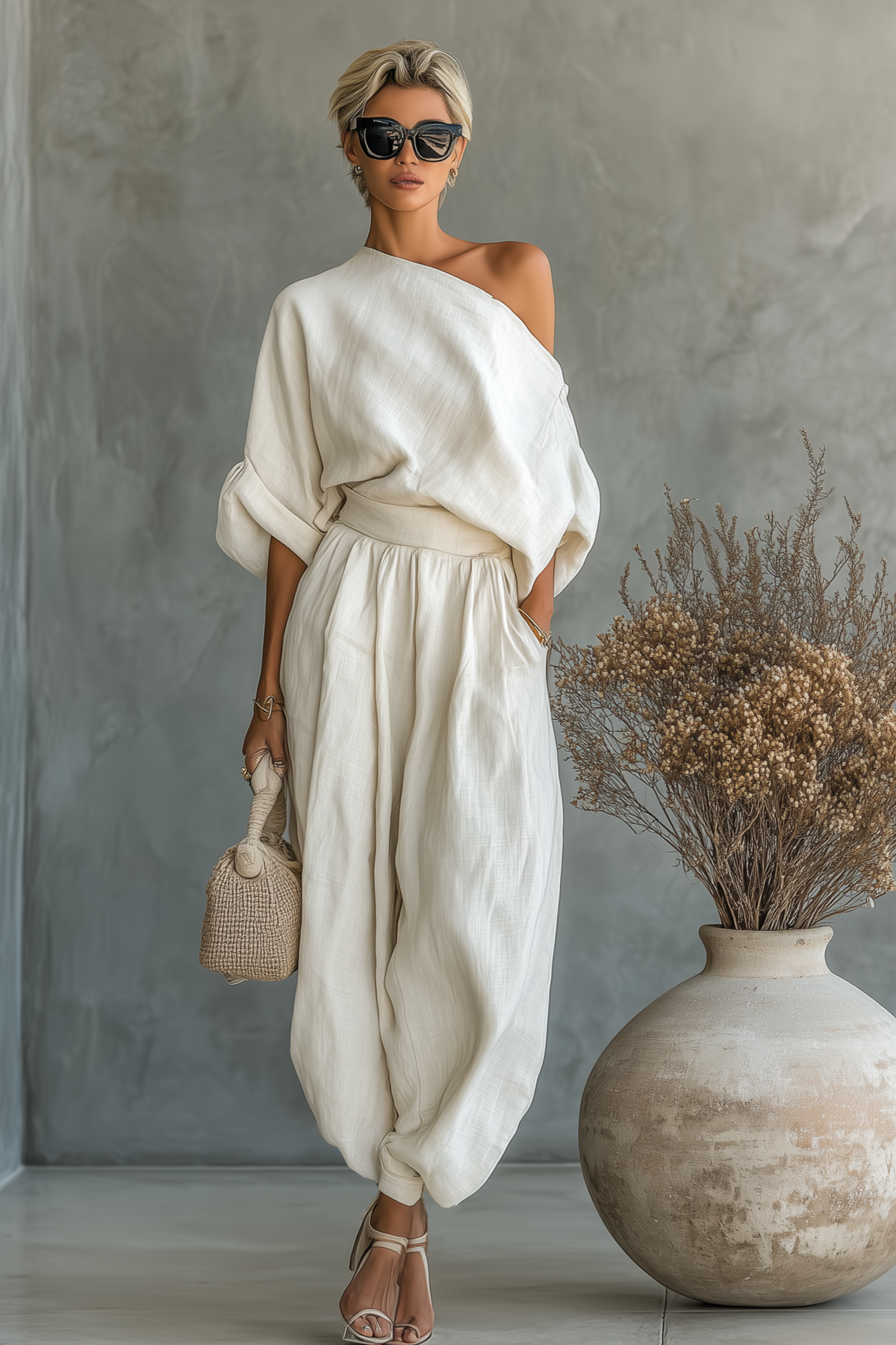 Beige One Shoulder Top and Slouchy Trousers Two-Piece Set