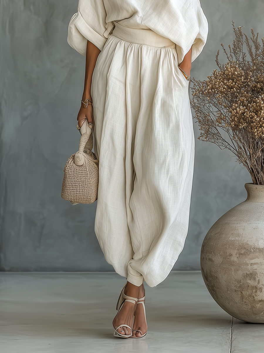 Beige One Shoulder Top and Slouchy Trousers Two-Piece Set