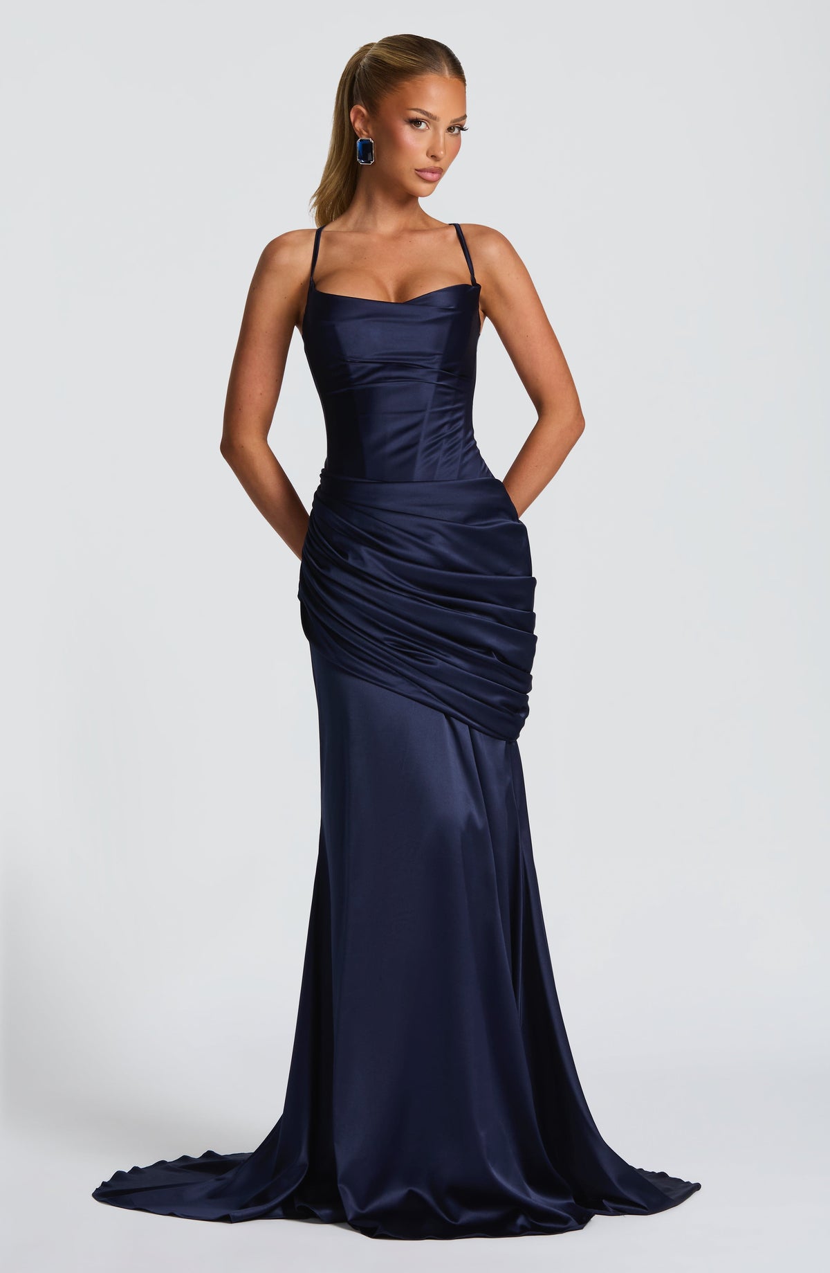 Navy Spaghetti Strap Satin Maxi Dress