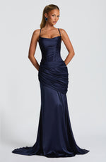 Navy Spaghetti Strap Satin Maxi Dress