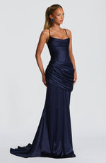 Navy Spaghetti Strap Satin Maxi Dress