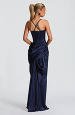 Navy Spaghetti Strap Satin Maxi Dress