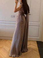 Grayish-Purple Ribbon Trim Satin Evening Gown