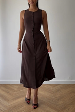 Solid Button Down Sleeveless Midi Dress