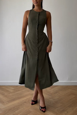 Solid Button Down Sleeveless Midi Dress