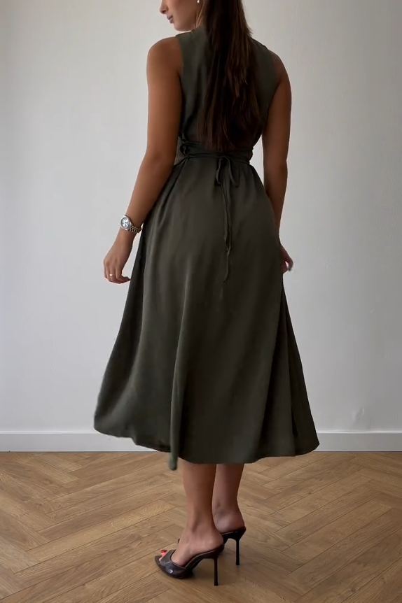 Solid Button Down Sleeveless Midi Dress