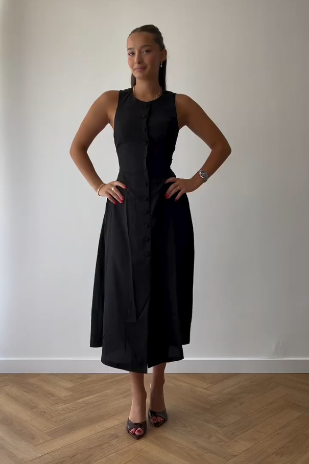 Solid Button Down Sleeveless Midi Dress