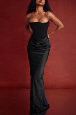 Off Shoulder Paneled Satin Midi Dress
