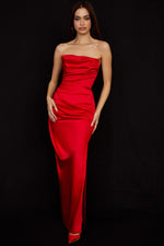 Satin Strapless High Slit Maxi Dress