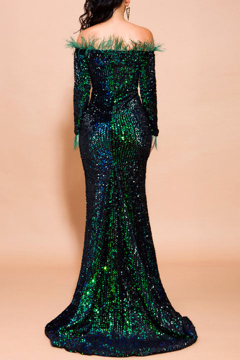 Off Shoulder Feather Trim Sequin Maxi Dress