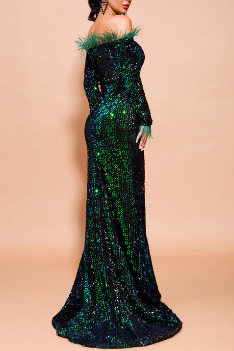 Off Shoulder Feather Trim Sequin Maxi Dress
