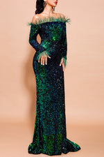 Off Shoulder Feather Trim Sequin Maxi Dress