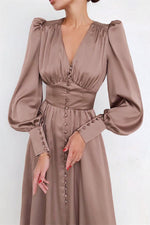 Elegant Lantern Sleeves Satin Midi Dress