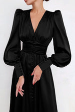 Elegant Lantern Sleeves Satin Midi Dress