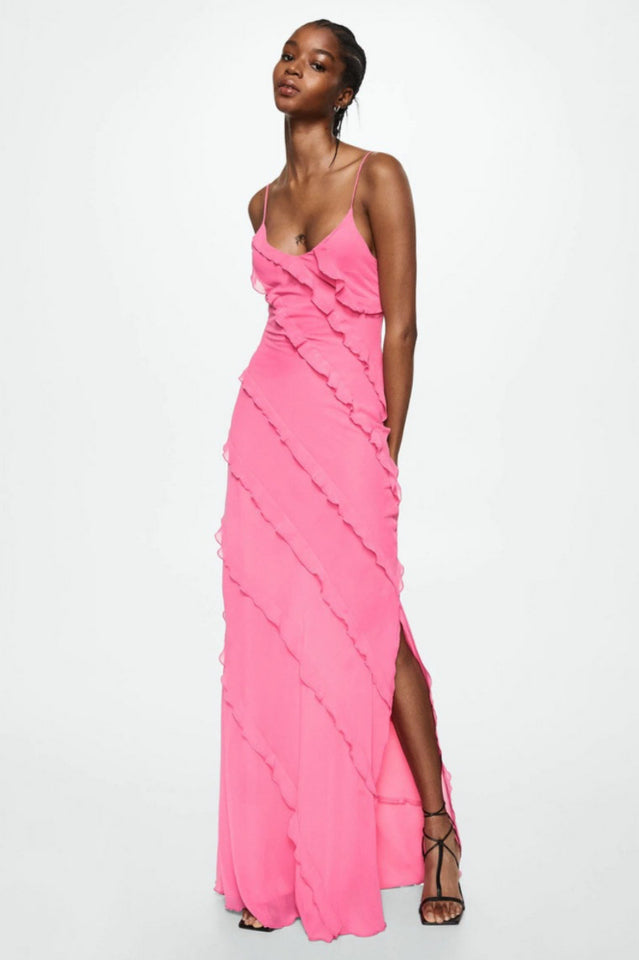 Solid Ruffle Open Back Maxi Dress