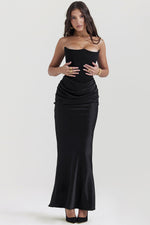 Off Shoulder Paneled Satin Midi Dress