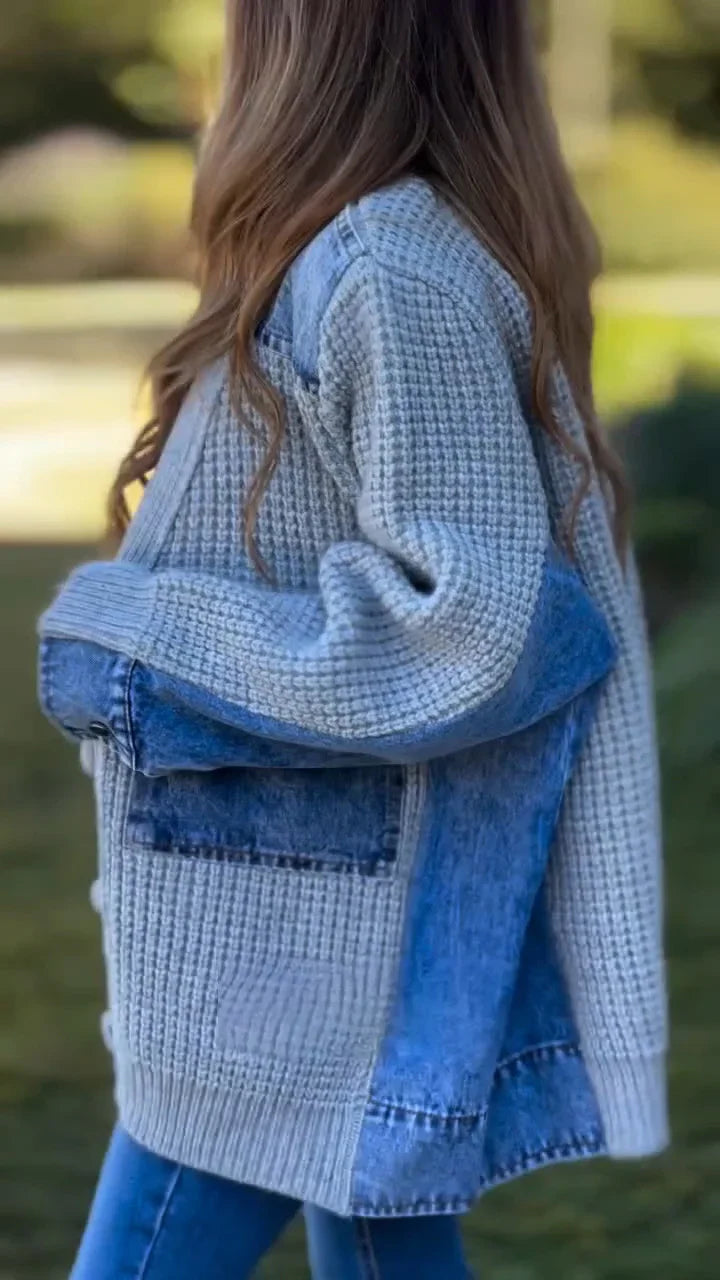 Slouchy Denim Patchwork Knitted Cardigan Jacket