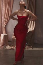 Satin Strapless High Slit Maxi Dress