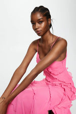 Solid Ruffle Open Back Maxi Dress