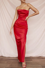 Satin Strapless High Slit Maxi Dress