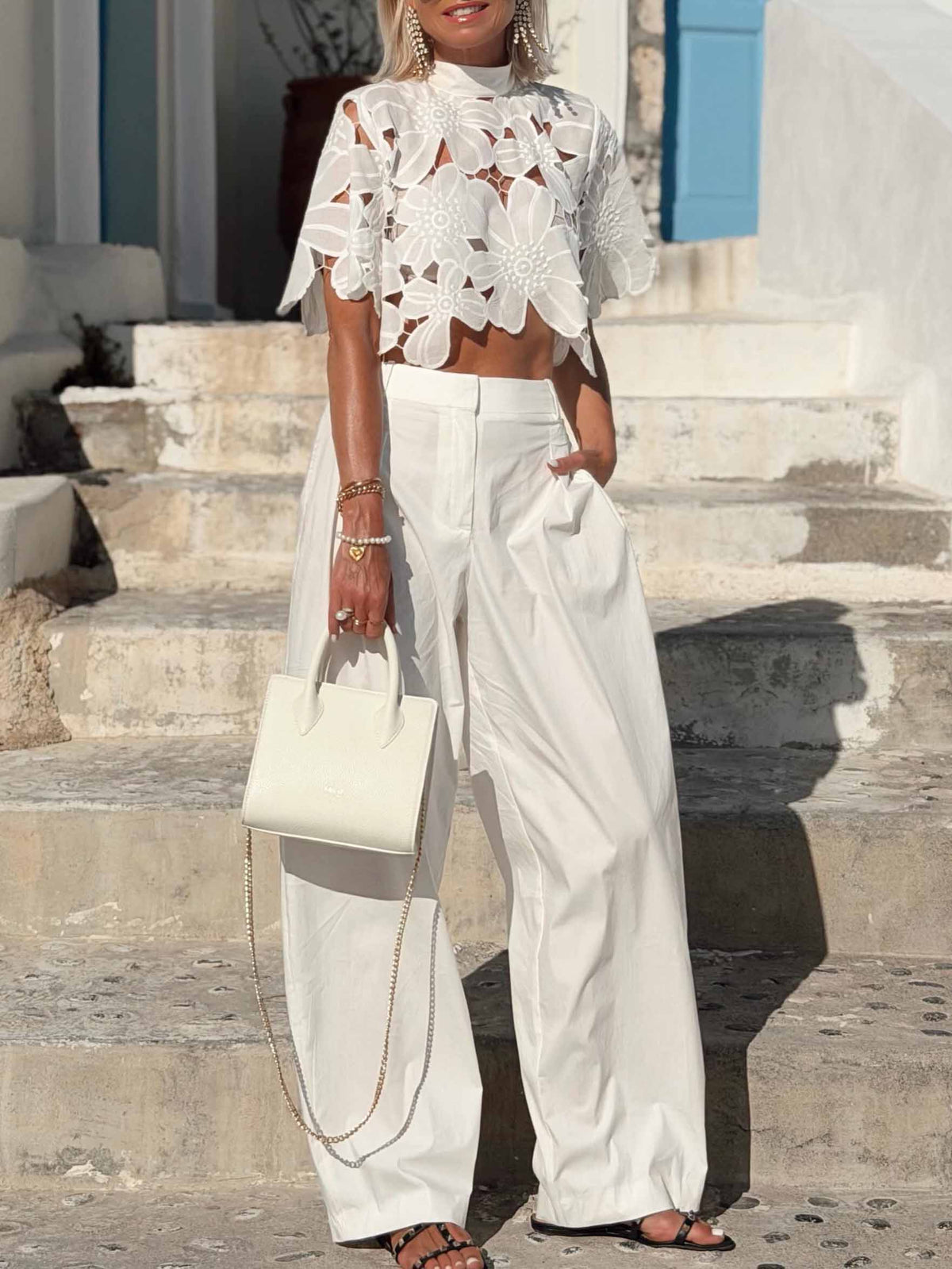 Crochet Lace Crop Top and Wide-Leg Pants Matching Sets