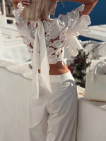 Crochet Lace Crop Top and Wide-Leg Pants Matching Sets