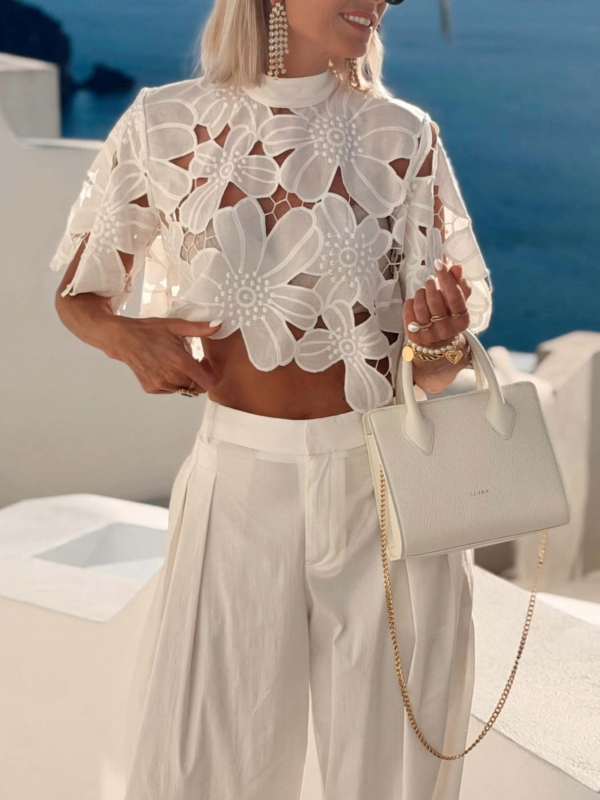 Crochet Lace Crop Top and Wide-Leg Pants Matching Sets