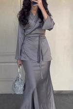 Grey Satin Wrap Top and Midi Skirt Matching Sets
