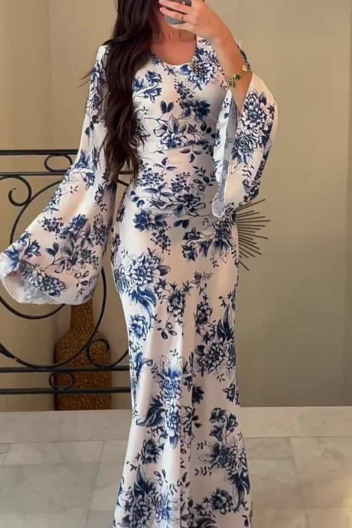 Blue Floral Bell Sleeves Maxi Dress