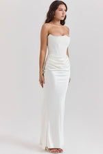 Off Shoulder Paneled Satin Midi Dress
