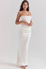 Off Shoulder Paneled Satin Midi Dress