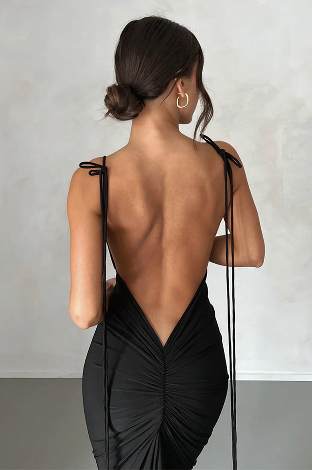Elegant Ruched Backless Maxi Dress