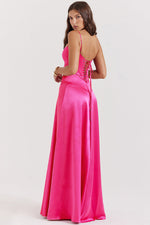 Elegant Satin Lace Up Back Maxi Dress