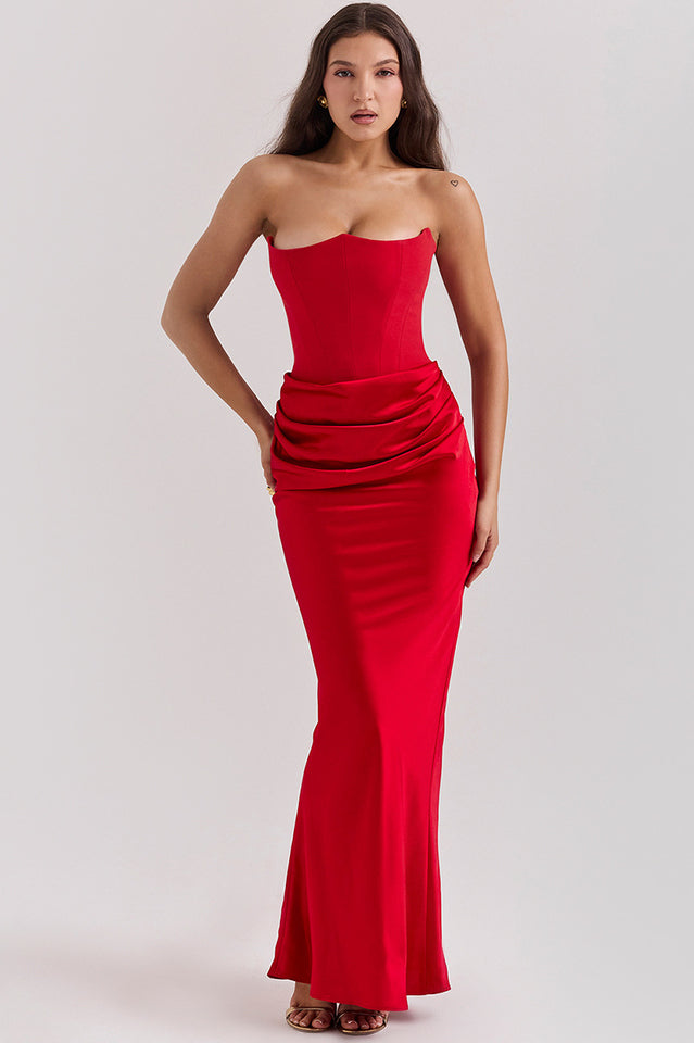 Off Shoulder Paneled Satin Midi Dress