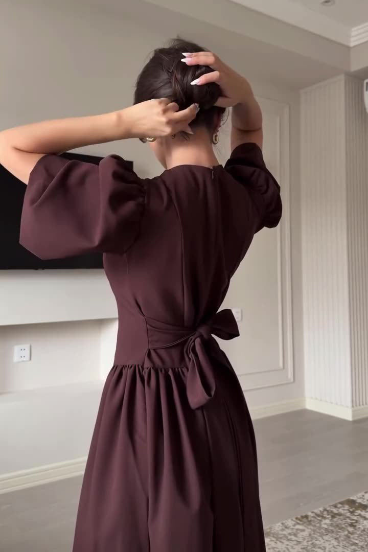 Brown Short Sleeves Maxi Dress