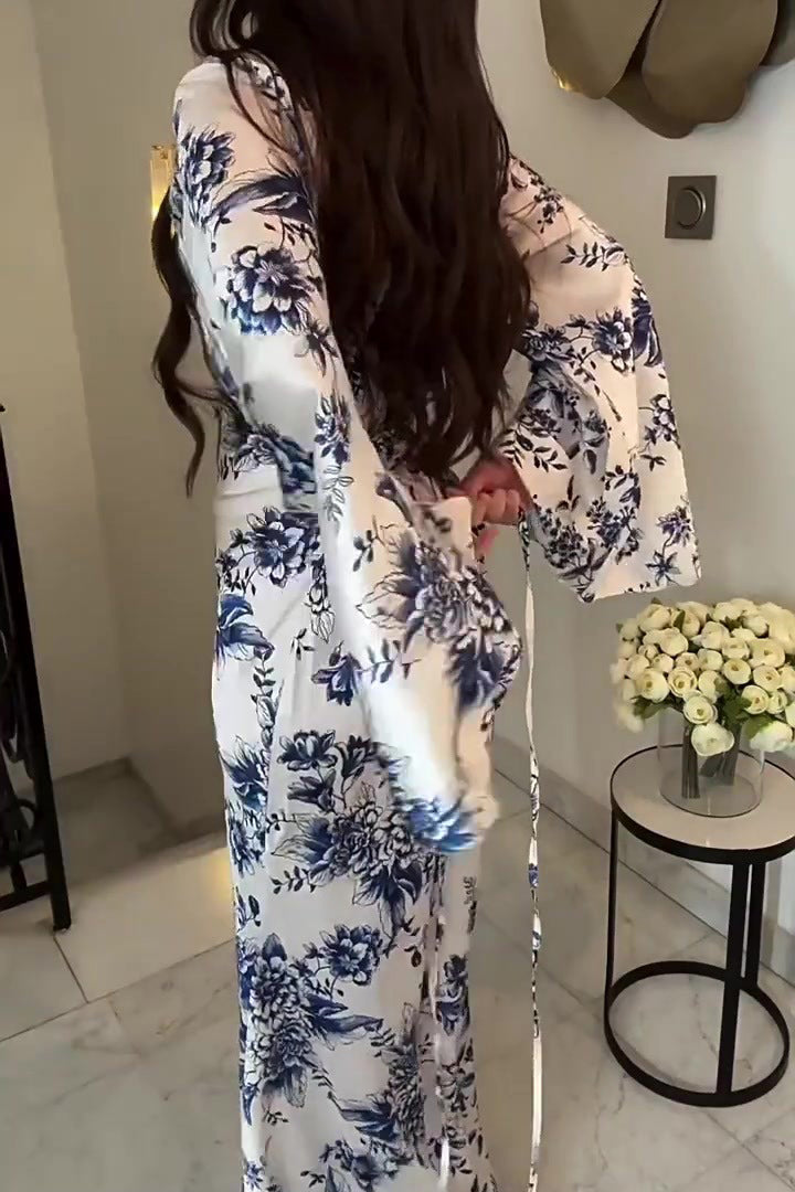 Blue Floral Bell Sleeves Maxi Dress