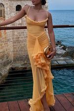 Glam Ruffled Front Ruched Gown
