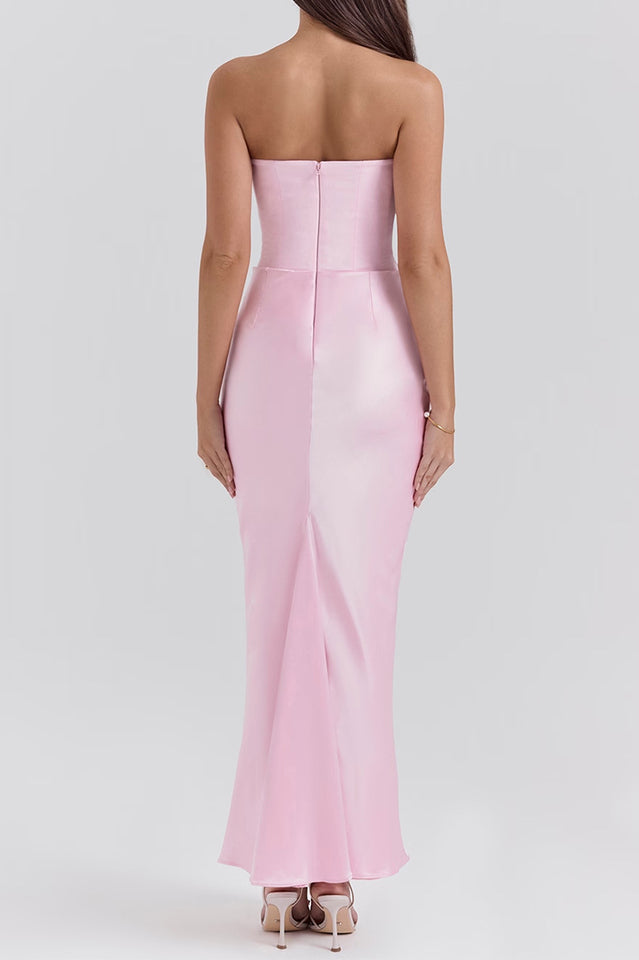 Off Shoulder Paneled Satin Midi Dress
