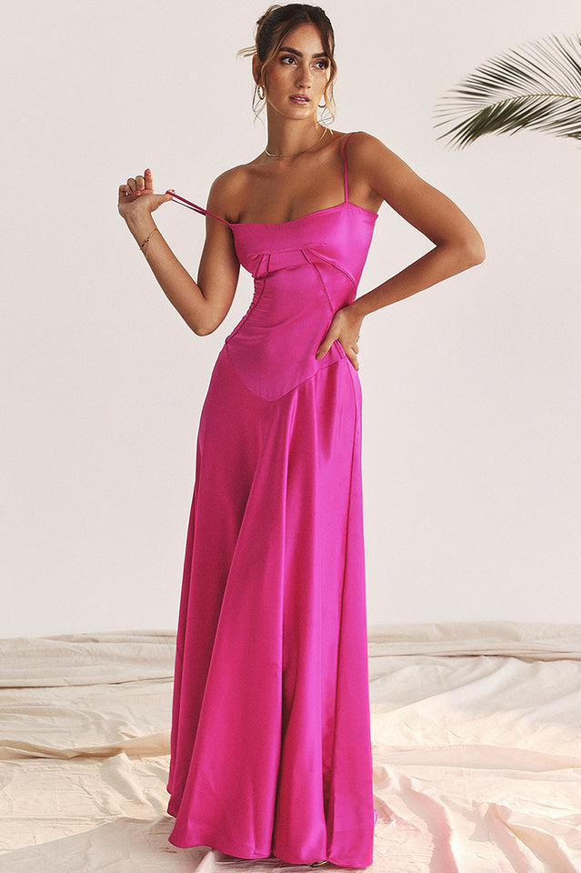 Elegant Satin Lace Up Back Maxi Dress