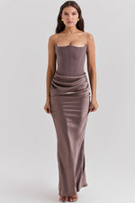 Off Shoulder Paneled Satin Midi Dress