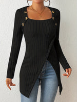 Button Trim Ribbed Knit Sweater