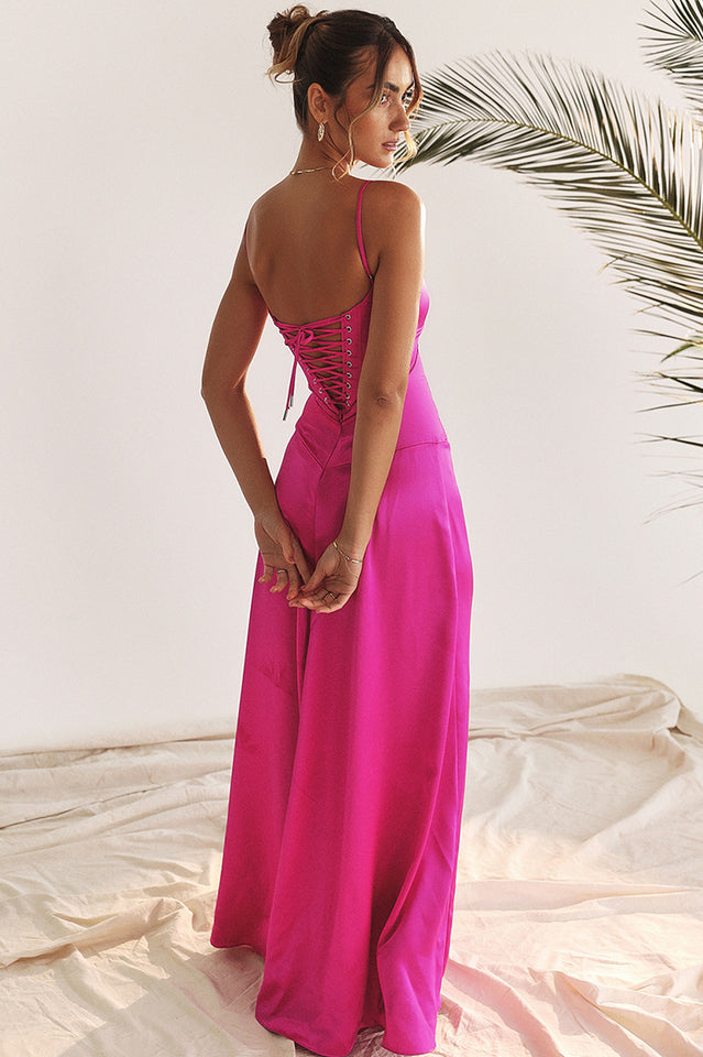 Elegant Satin Lace Up Back Maxi Dress