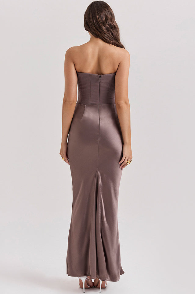 Off Shoulder Paneled Satin Midi Dress