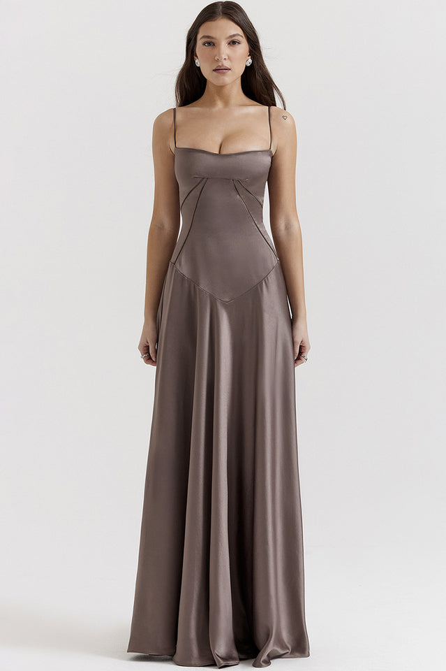 Elegant Satin Lace Up Back Maxi Dress