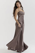 Elegant Satin Lace Up Back Maxi Dress