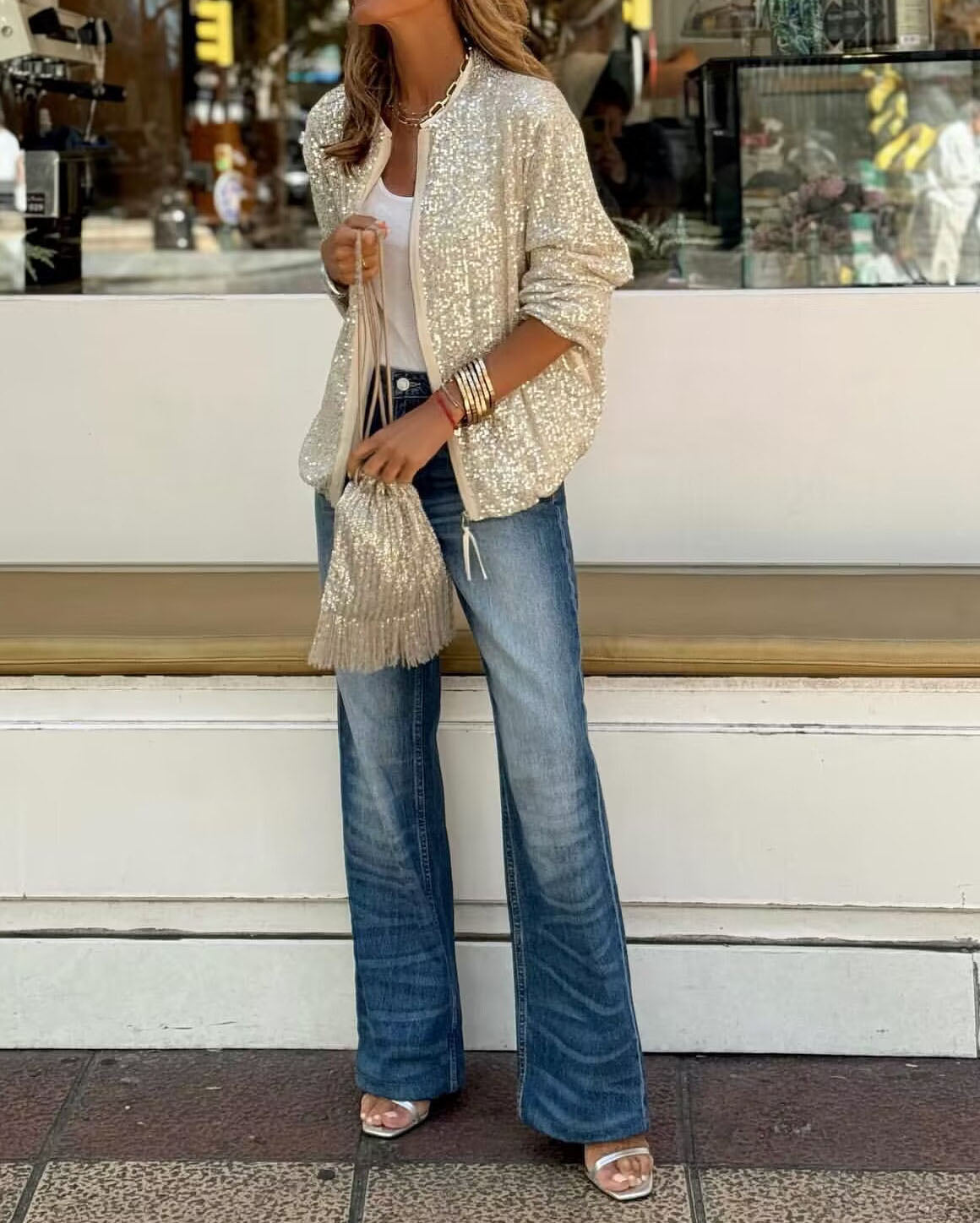 Sequined Zipper Placket Bomber Jacket