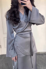 Grey Satin Wrap Top and Skirt Two Piece Suits